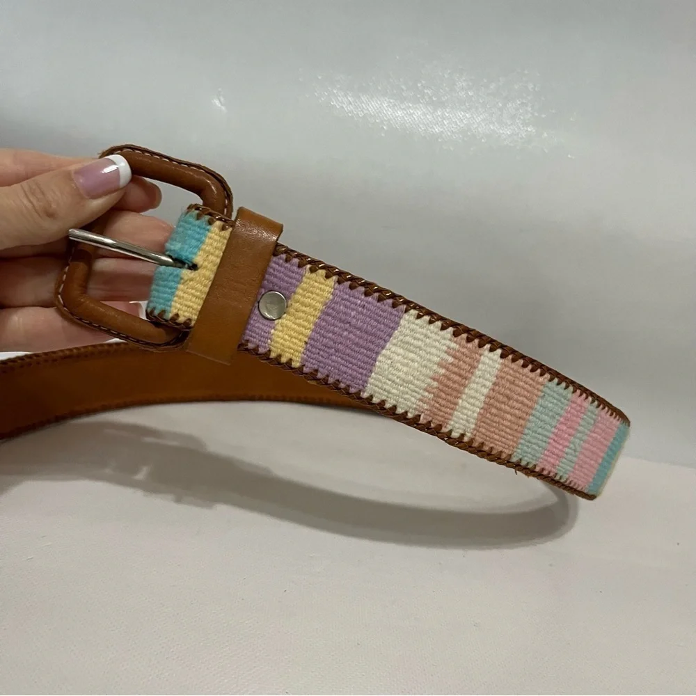 Vintage Pastel Woven Tapestry Leather Belt Guatemala